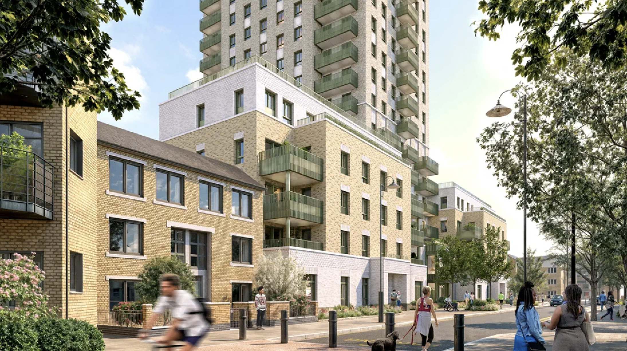 Concept art rendering of Clare House, showing brick-faced apartments with balconies, a mix of low-rise and high-rise blocks, green railings, and a tree-lined street with people walking and cycling.