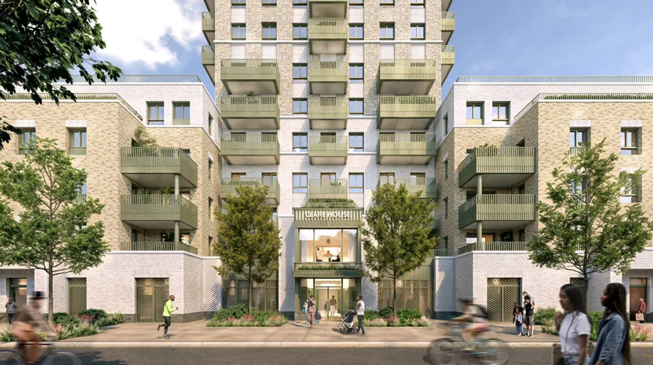 Concept art rendering of the new Clare House residential development, showing a multi-storey apartment building with green-railed balconies, pale brick façades, and a central glazed entrance.